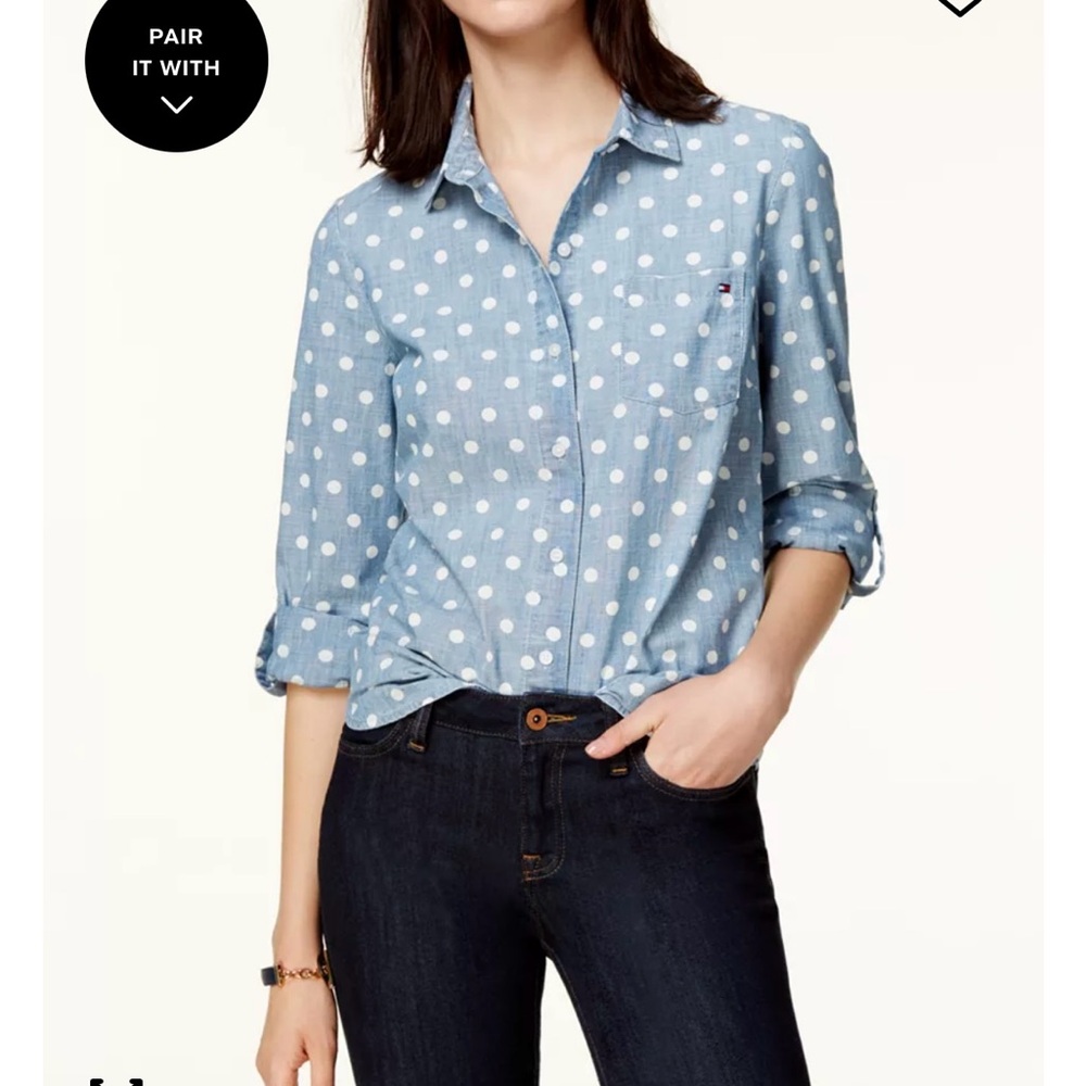 Tommy Hilfiger Women’s Retro Printed blue polka dot  Roll-Tab Utility Shirt Sm